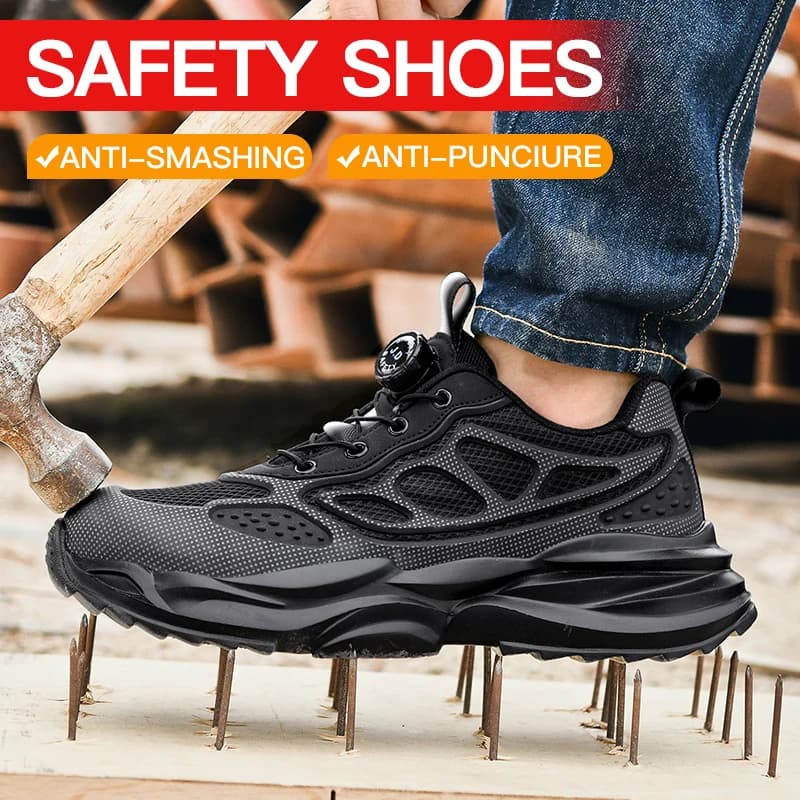 Scarpe antinfortunistiche con bottone rotante Scarpe da ginnastica con punta in acciaio da uomo Stivali antinfortunistici da lavoro a prova di foratura Cuscino d'aria Scarpe da lavoro sportive Stivali anti-sfondamento