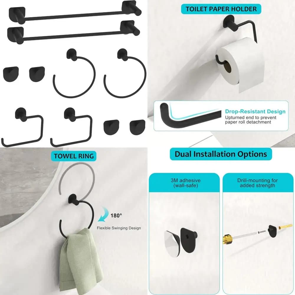 Complete set of 10 pcs matt black bathroom accessories with towel, rings and wall hooks for modern home decoration