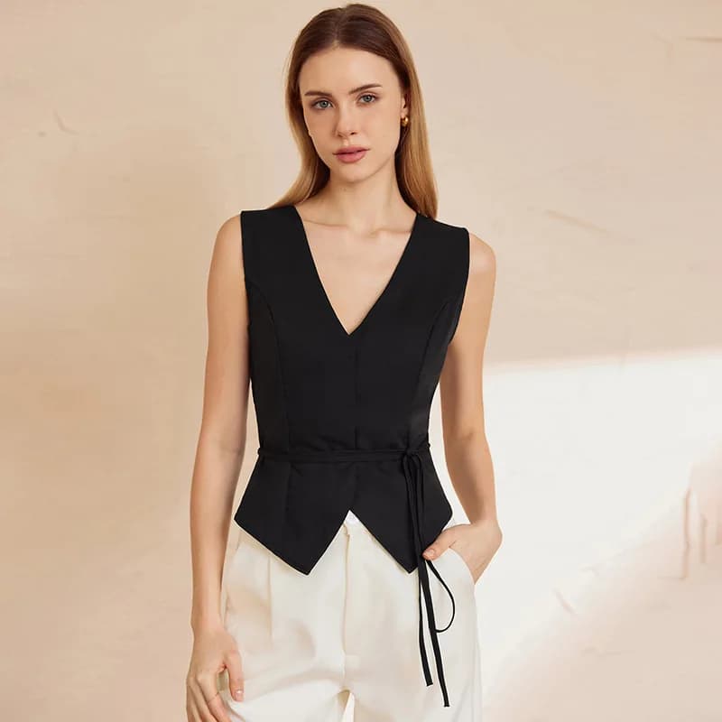 Gilet Casual Nero da Donna con Cintura, Nuovo Stile Estivo, Stile Old Money, Elegante Abbigliamento Interno in Poliestere, Lunghezza Corta