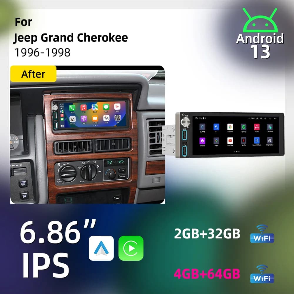 Android Car Stereo 6.86" CarPlay 1 Din Head Unit for Jeep Grand Cherokee 1996-1998 Radio Autoradio GPS Multimedia