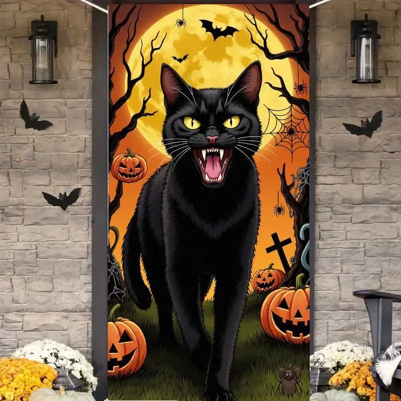 2D flat banner 1 piece - Halloween black cat full moon door banner, pumpkin lantern, with dead tree and spider web curtain.zyc
