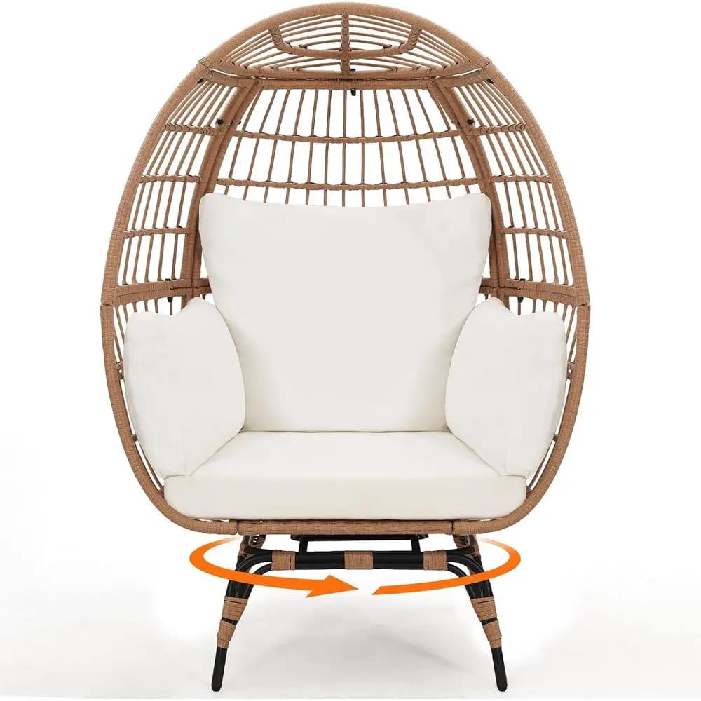 Oversized Rattan Egg Chair with Swivel, Indoor/Outdoor, Beige Cushion, 440lb Capacity