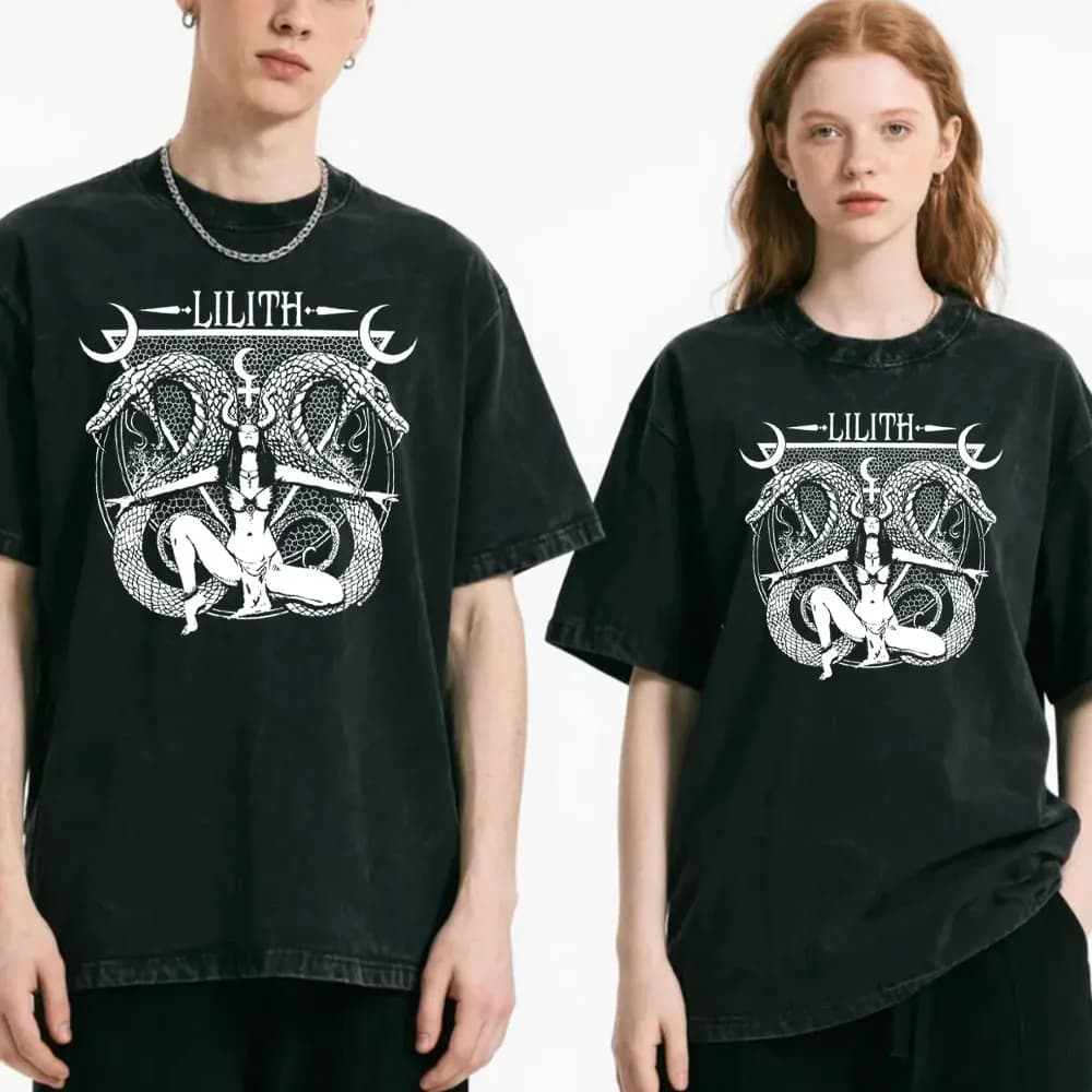 T-shirt Lilith Dea pagana T-shirt grafica stile gotico da uomo Moda streetwear T-shirt Lilith nera in cotone lavato vintage unisex