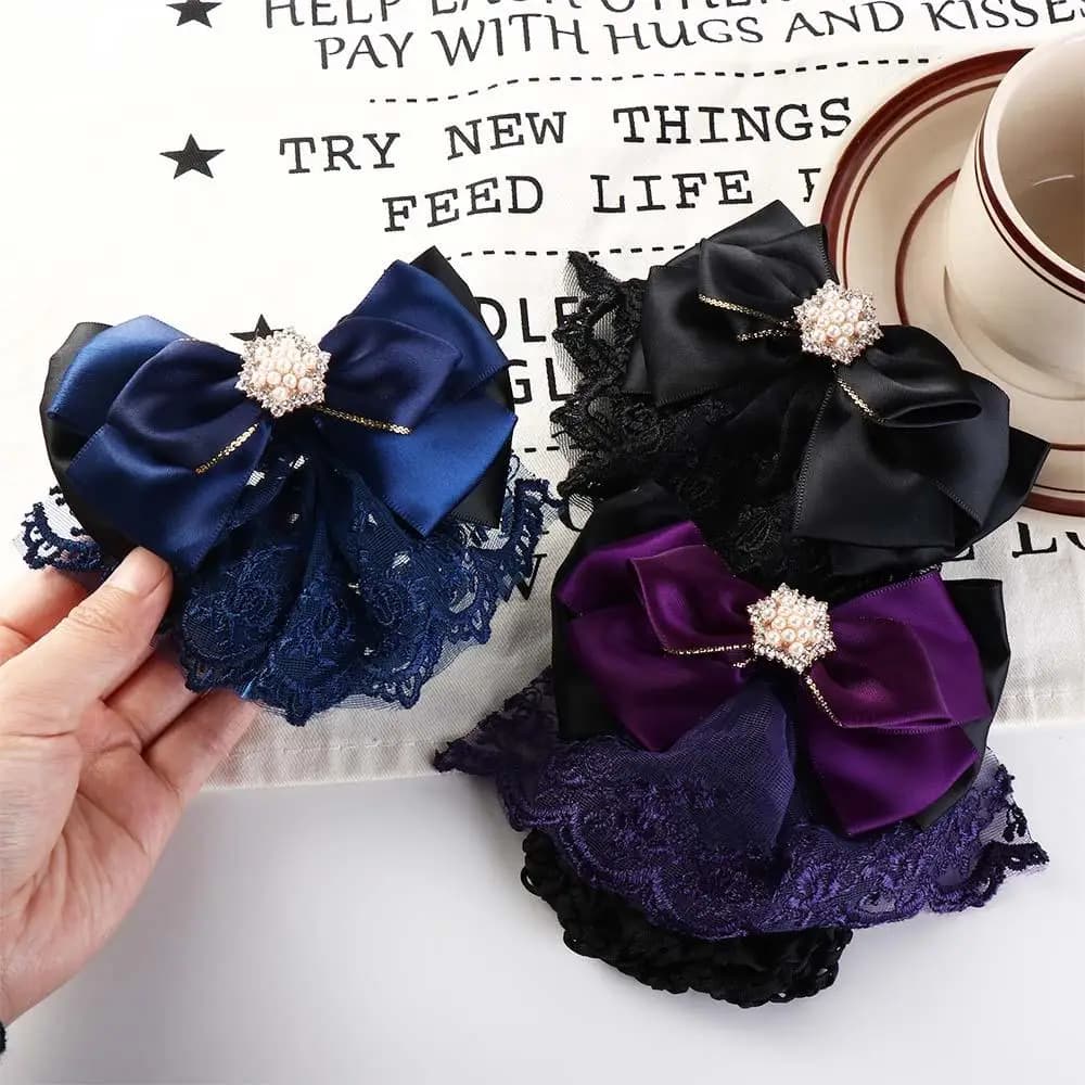 Elegant Pearl Bowknot Spring Clip Ribbon Korean Style Hair Net Cover Headwear Rhinestone Bun Snood Bank