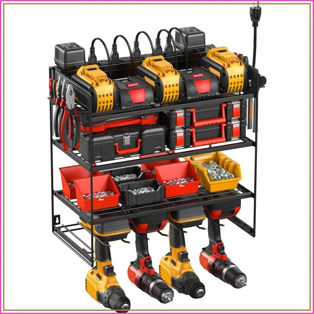 Power Tool Organizer with 10 Outlet Power Strip, 4 Layer Wall Mount Drill Holder with Charging Station, 4 Drills Storage Shelf Shop Garage Utility Rack