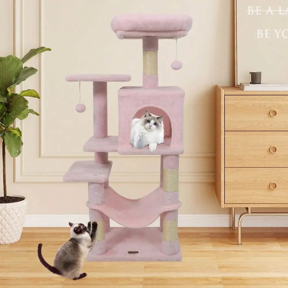 Tiragraffi per Gatti, Articoli per Gatti, Tiragraffi Alto Multilivello con Cuscino e Postazione Superiore, 2 Ingressi, Cuccia Grande per Gatti, Beige Chiaro
