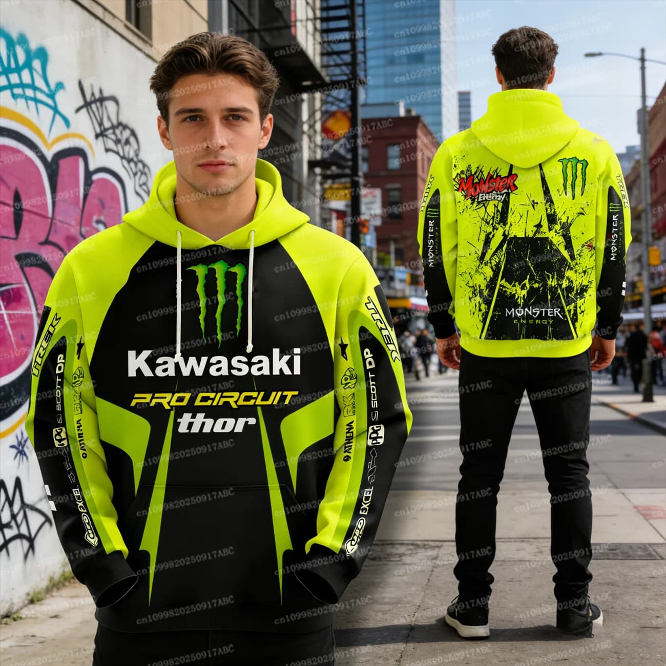 (Kawasaki) Men's hooded sweatshirt Y2K Kawasaki Hooded sweatshirt Sports clothing High quality men's skeleton hoodie Road biker uniform Adult hood sweatshirt
