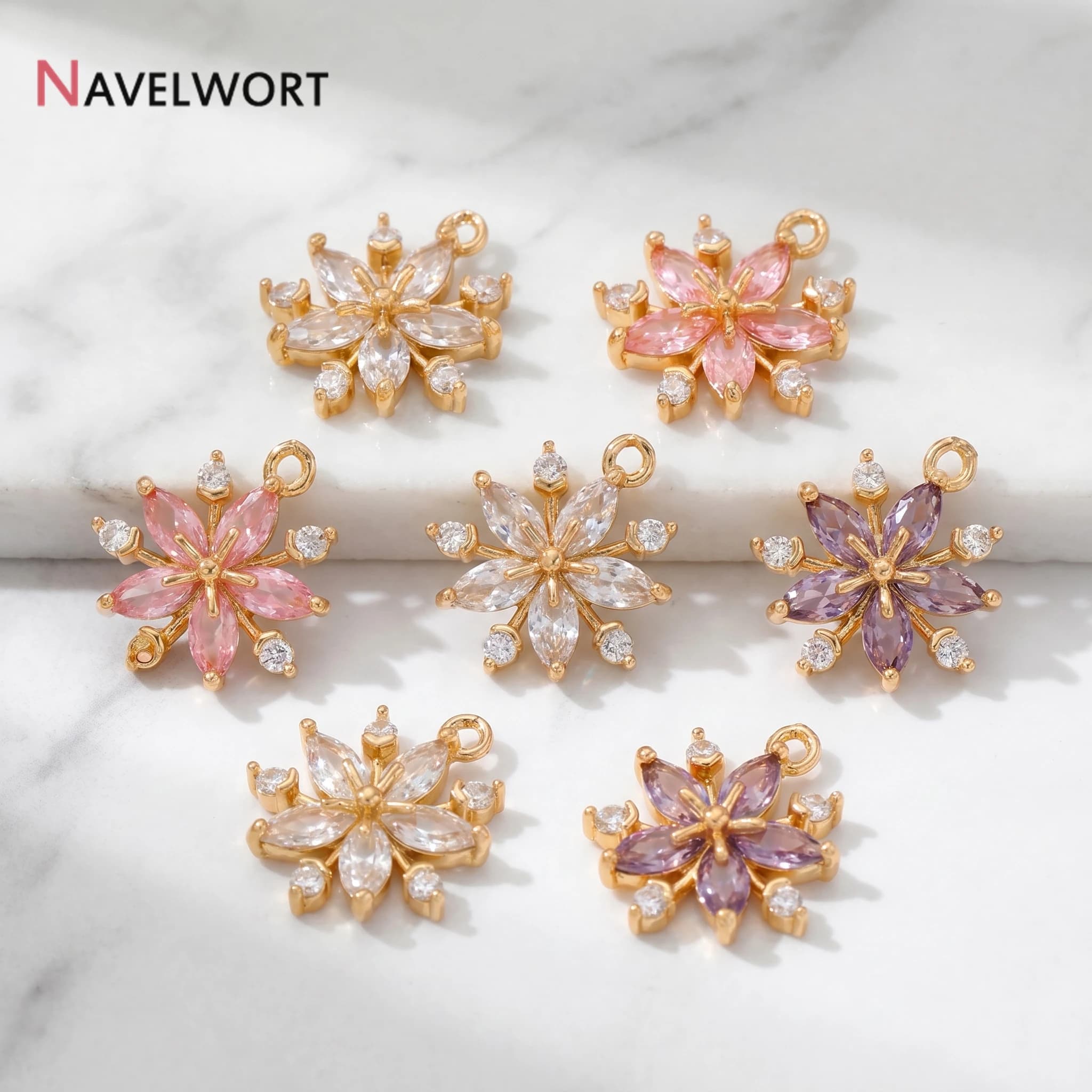 18K Gold Plated Brass Metal Inlaid Zircon Flower Shape Snowflake Charms Pendants Earring Charms,DIY Jewelry Materials