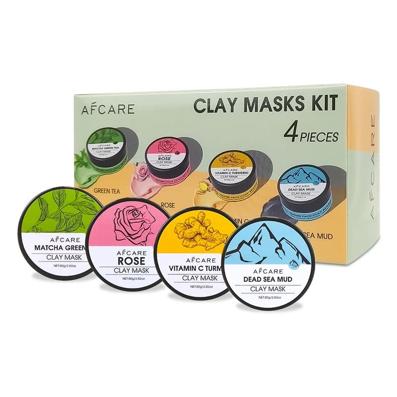 4 Pcs Clay Face Mask Set - Turmeric Vitamin C Dead Sea Mud Green Tea & Rose Pore Cleansing Facial Skincare Masks