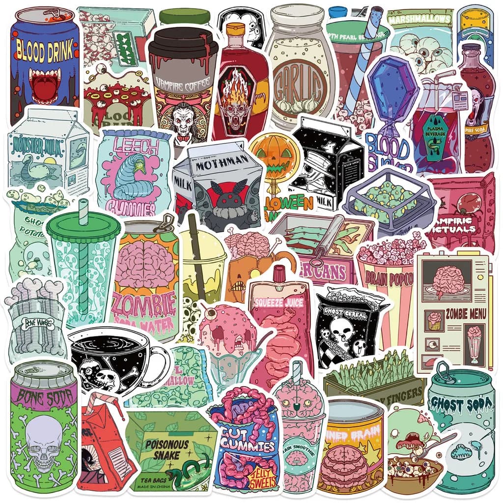 50 Pieces Cartoon Halloween Spooky Food Graffiti Stickers - DIY Waterproof Decorative Decals for Guitars, Notebooks & Luggage