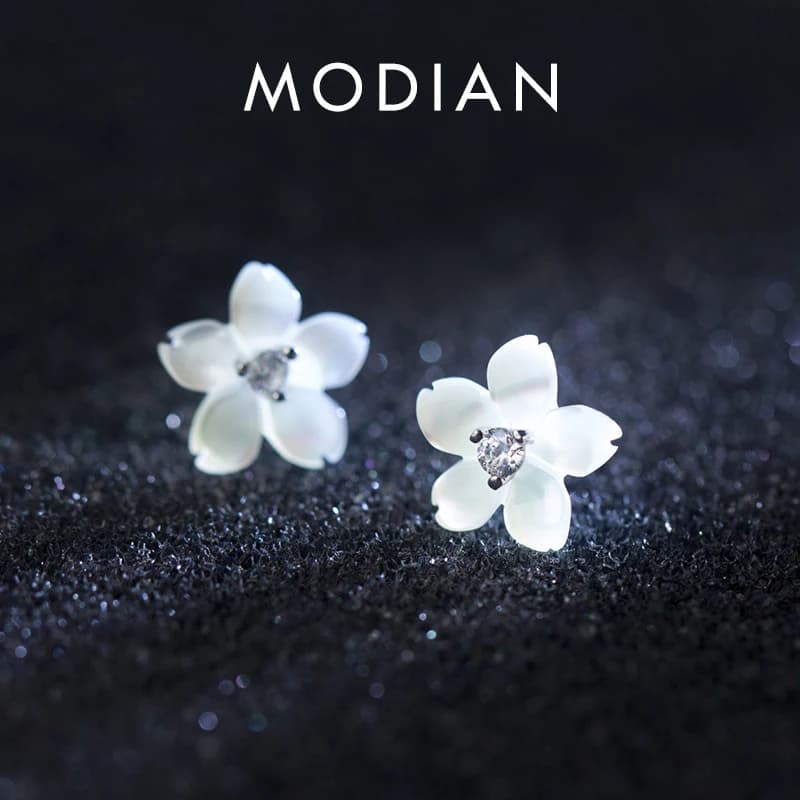 Modian Authentic 925 Sterling Silver Ceramics Flower Stud Earrings for Women Plant CZ Luxury Wedding Statement Jewelry 2020 NEW