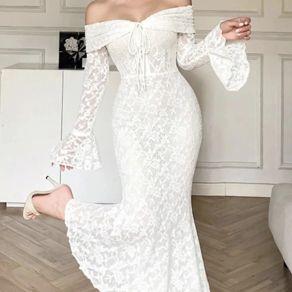 Elegant White Lace Evening Dresses for Women Full Sleeve Off The Shoulder Mermaid Ankle Length Prom Gown Dress Customized