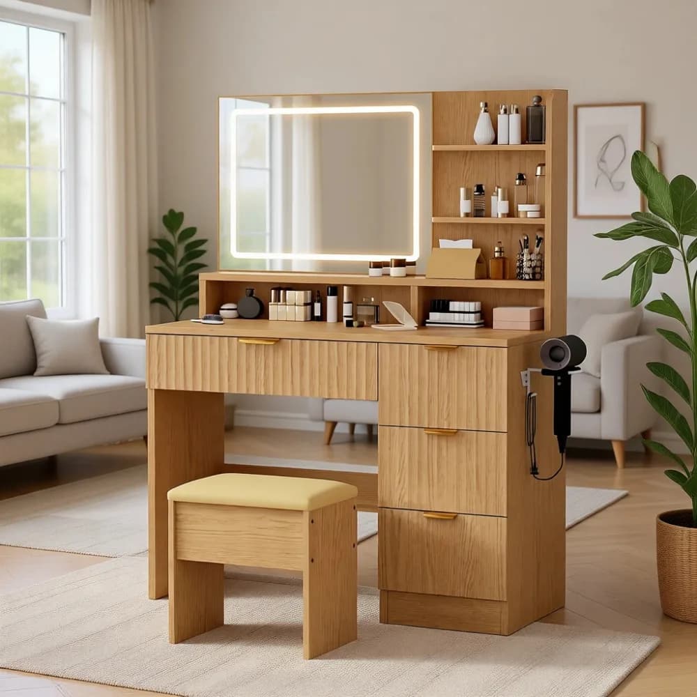 35.4" Wooden Makeup Vanity Set with Charging Station, LED Mirror, Fluted Design, Cushioned Stool, Hairdryer Rack