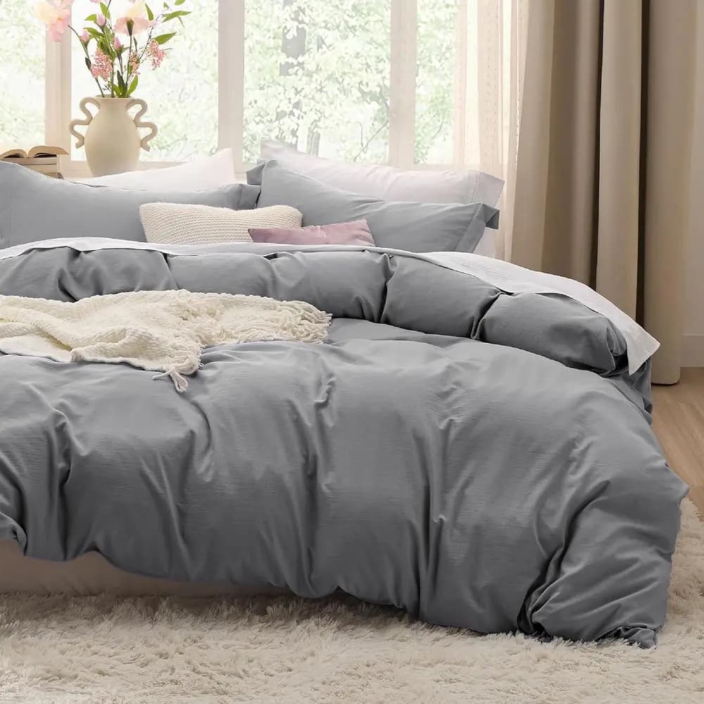 Copripiumino Grigio King Size - Set Biancheria da Letto Extra Morbido in Poliestere Effetto Cotone Pre-lavato, 3 Pezzi, Include 1 Copripiumino 104x90 Pollici