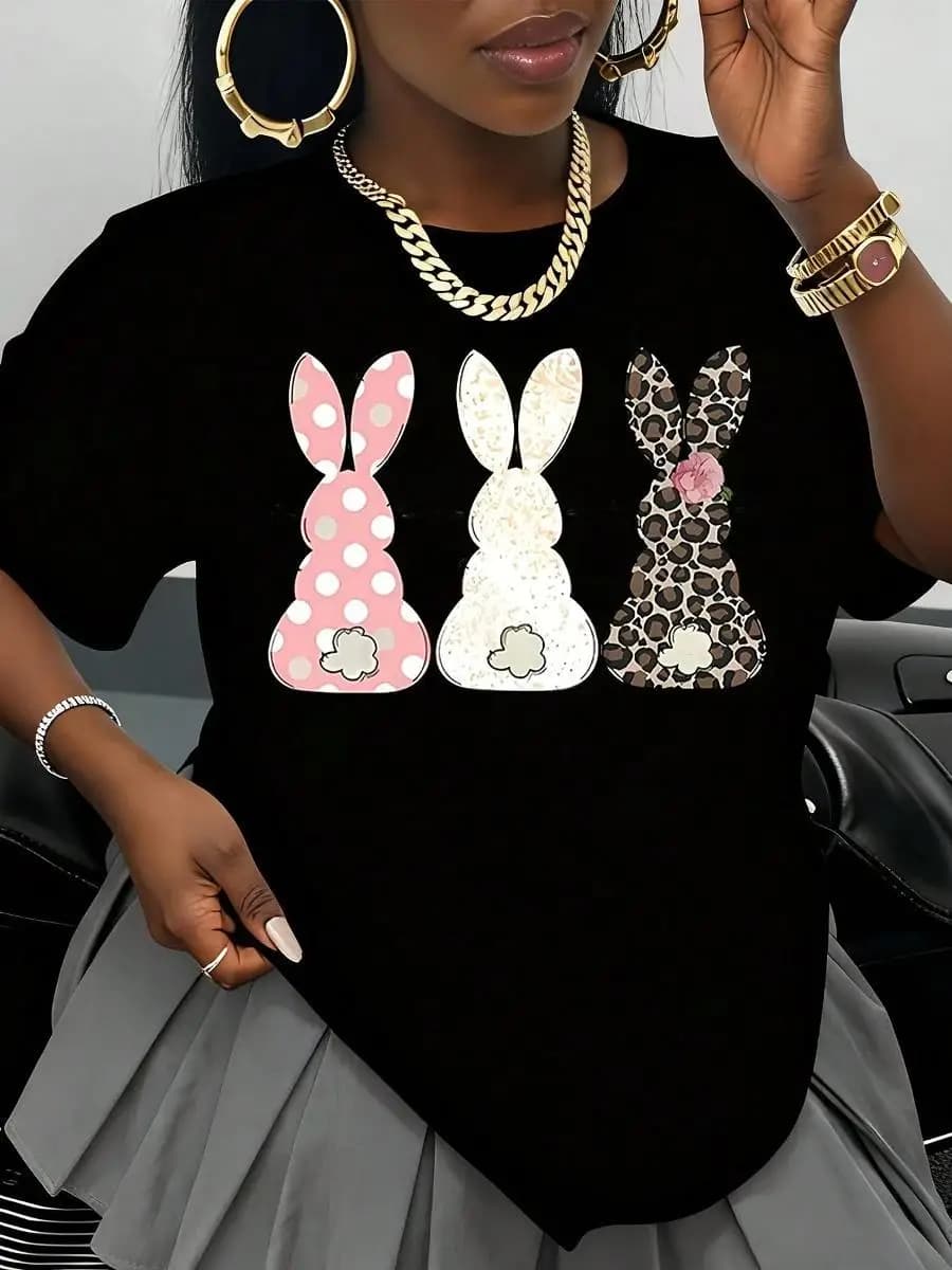 Easter Bunny T-Shirt With Pink Polka Dot White Glitter And Leopard Print Rabbit Design For Women Spring Holiday Fashion Casual Top