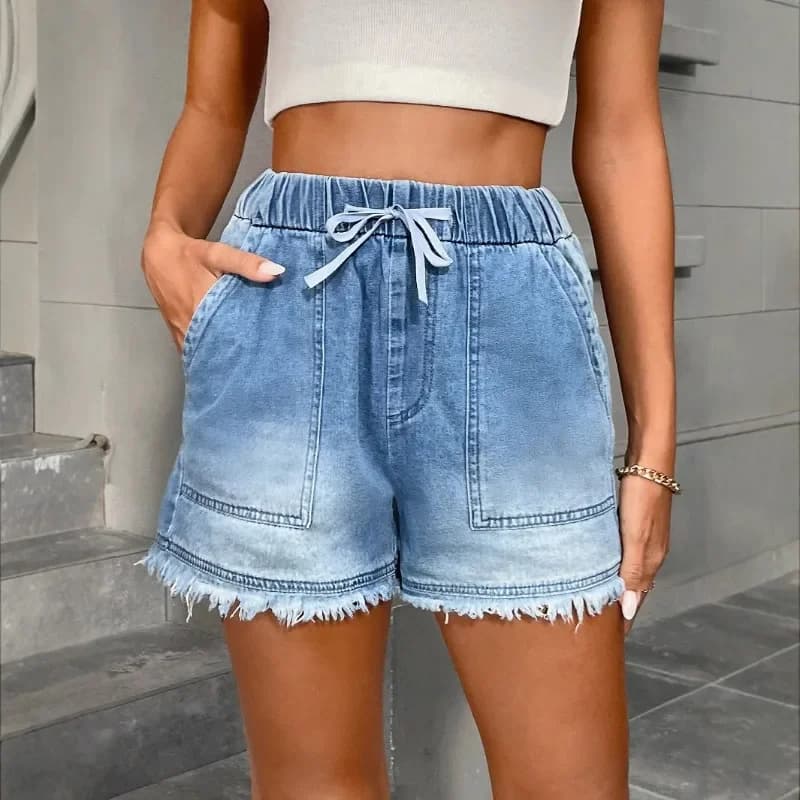 Women's Denim Shorts with Elastic Waist Coulisse, High Waist Casual Trousers with Pockets and Hem with Frange, Jeans Estivi Blu Trendy Streetwear