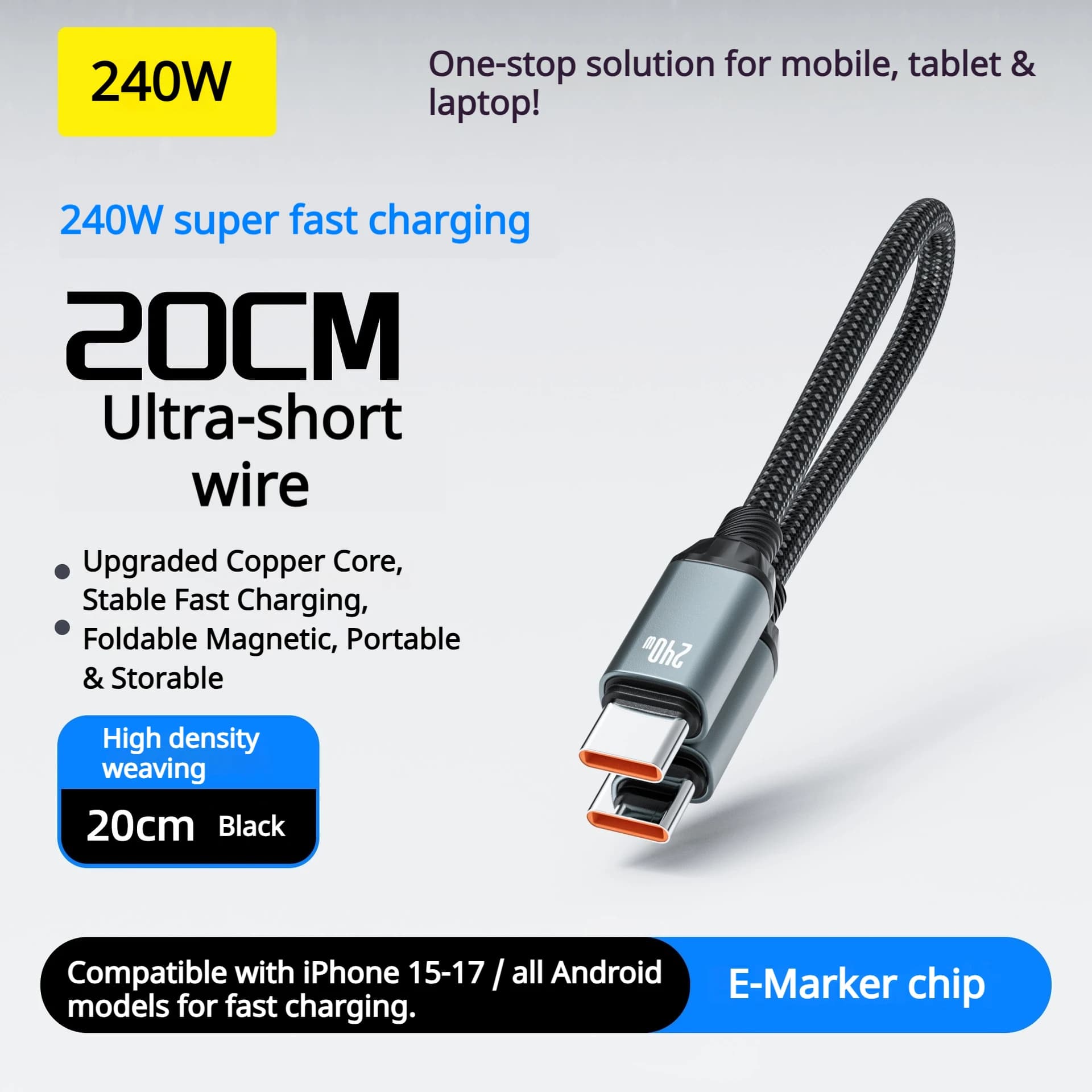 Cavo di Ricarica Magnetica Rapida ad Alta Potenza 240W | Cavo USB-C a C Intrecciato Corto da 20CM per MacBook, iPhone 17, Galaxy, Huawei, Gaming