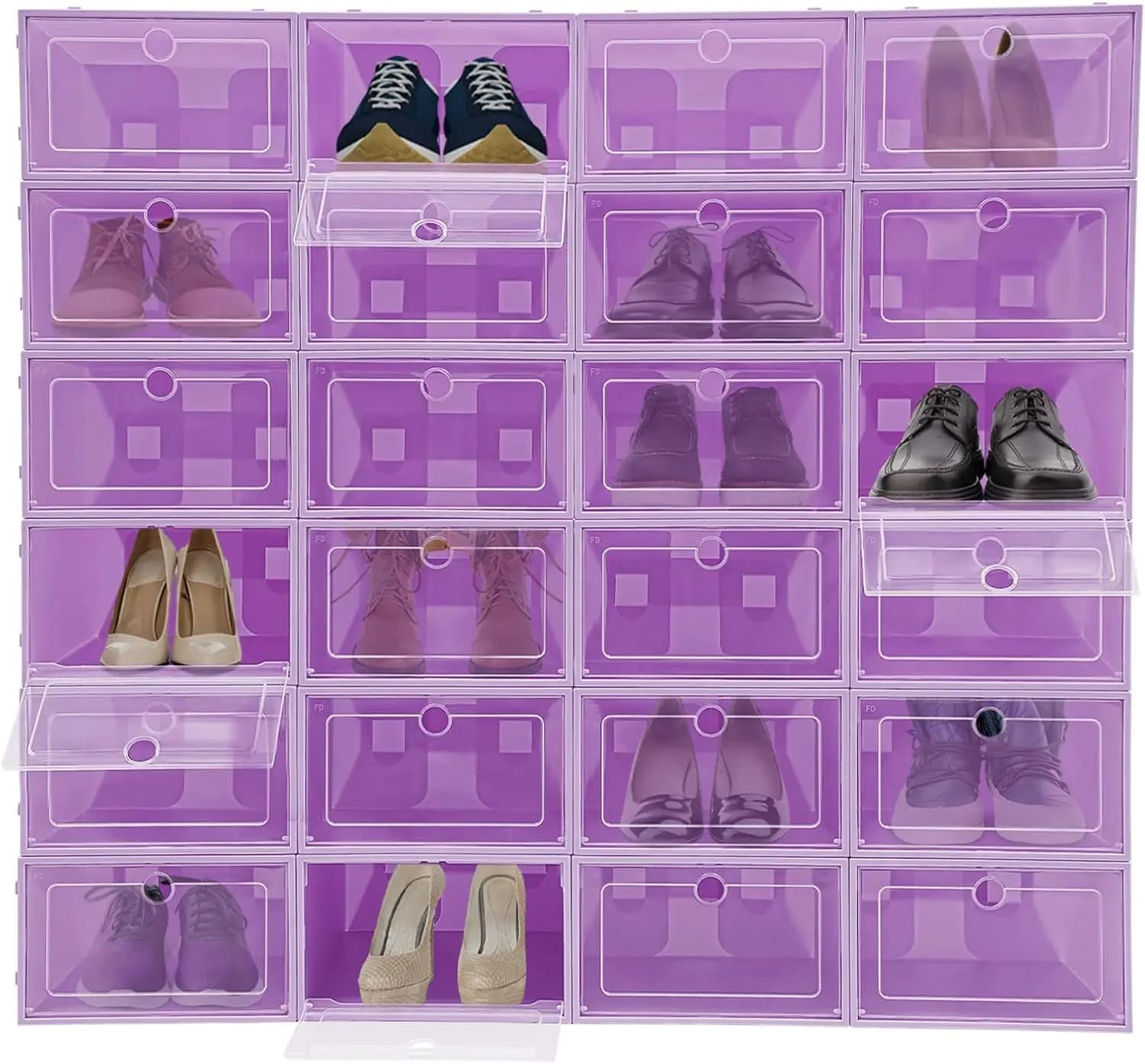 Sturdy Shoe Storage Box, 24 Pack Shoe Storage Organizer Thicken Plastic Shoe Drawers with Lids Large Interlocking Design(Purple)