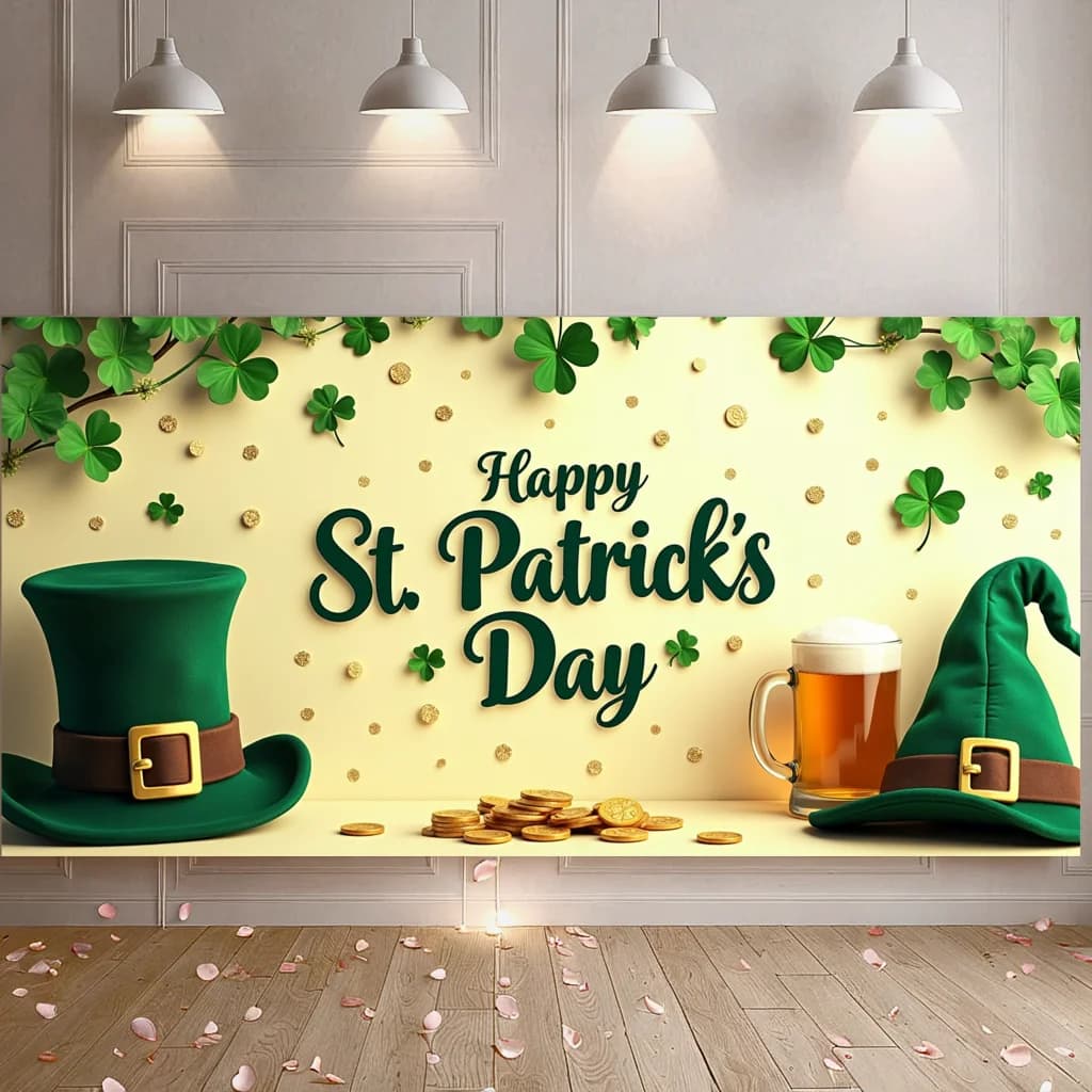 Banner del giorno di San Patrizio con tazza di birra e sfondo di trifoglio per forniture per feste Puntelli fotografici Decorazioni per feste Sfondo