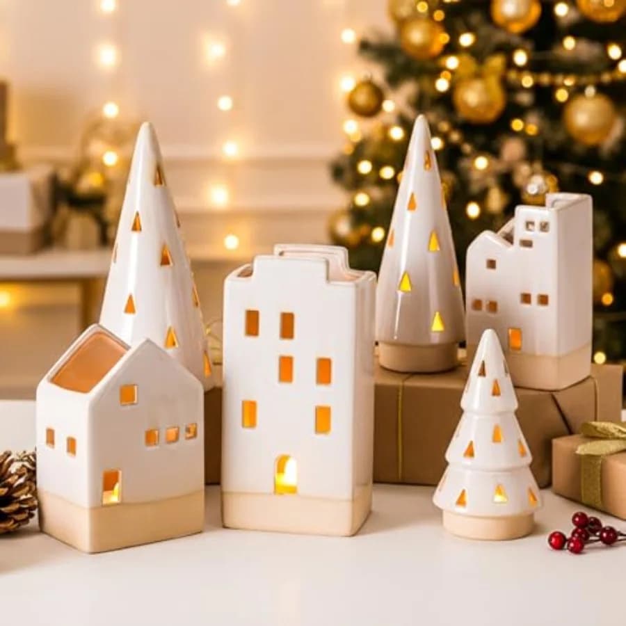 Set di 6 Decorazioni Natalizie in Ceramica, Alberi di Natale e Case Bianche da 11,2 cm a 23,9 cm, Portacandele per Tealight come Centrotavola