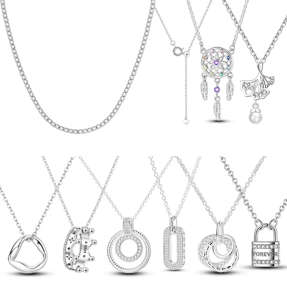 Dreamcatcher Ginkgo Pearl Lock Crown Circle Zircon Original 925 Silver Woman's Necklace Jewelry Anniversary Valentine Gift