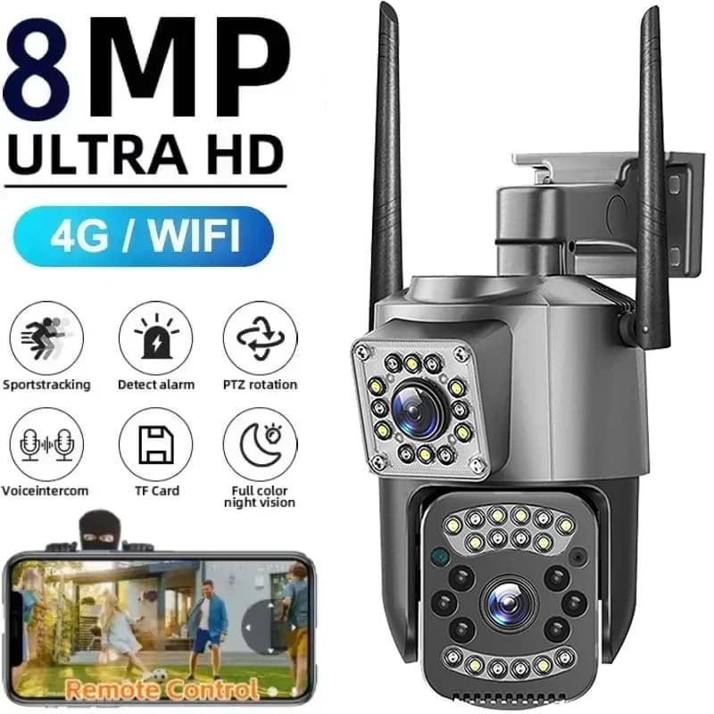 Telecamera 4G a doppio obiettivo Telecamera con scheda SIM 8MP 4K Telecamere IP PTZ esterne Protezione per la visione notturna CCTV wireless Video sorveglianza netta