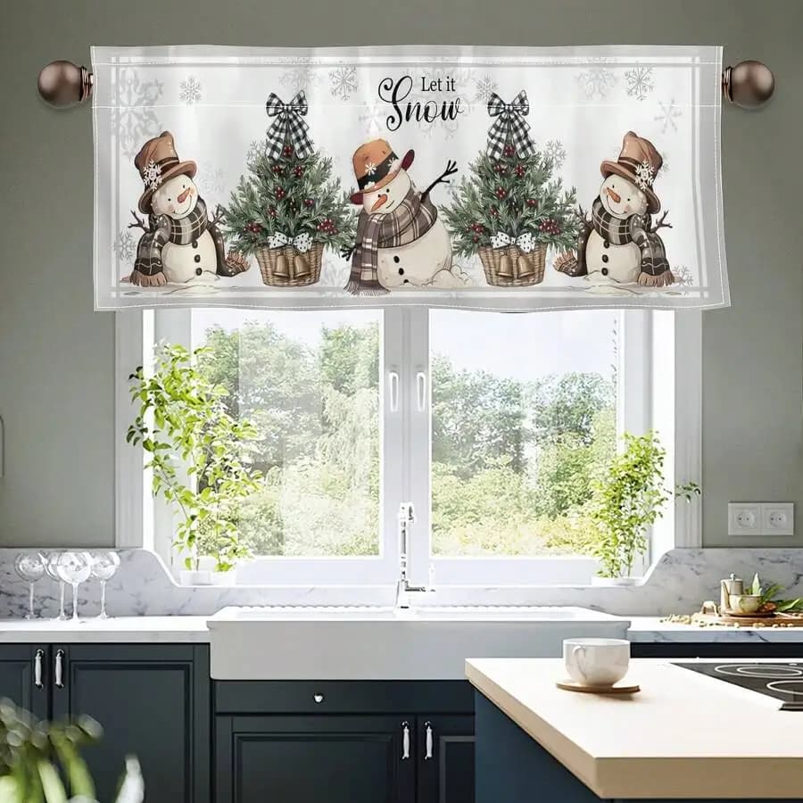 Festive Snowman Christmas Tree Valance Curtain With Let It Snow Text Blackout Polyester Machine Washable Holiday Decor