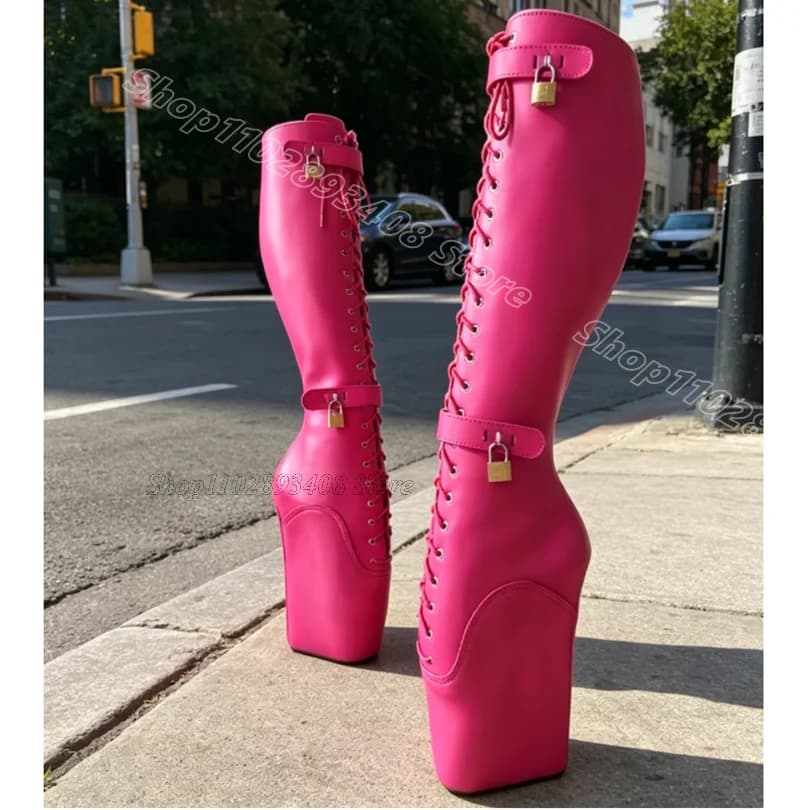 Rose Red Lock Decor Platform Boots Matte Leather Lace up New Solid Sexy Design for Women Ballet Dance Boots Zapatos Para Mujere