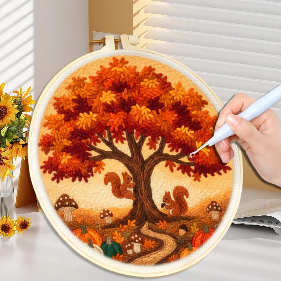 DIY Punch Needle Embroidery Kit Autumn Forest Tree Scenery Handcraft Embroidery Cloth Home Decor For Adult Cross Stitch Diy Craf