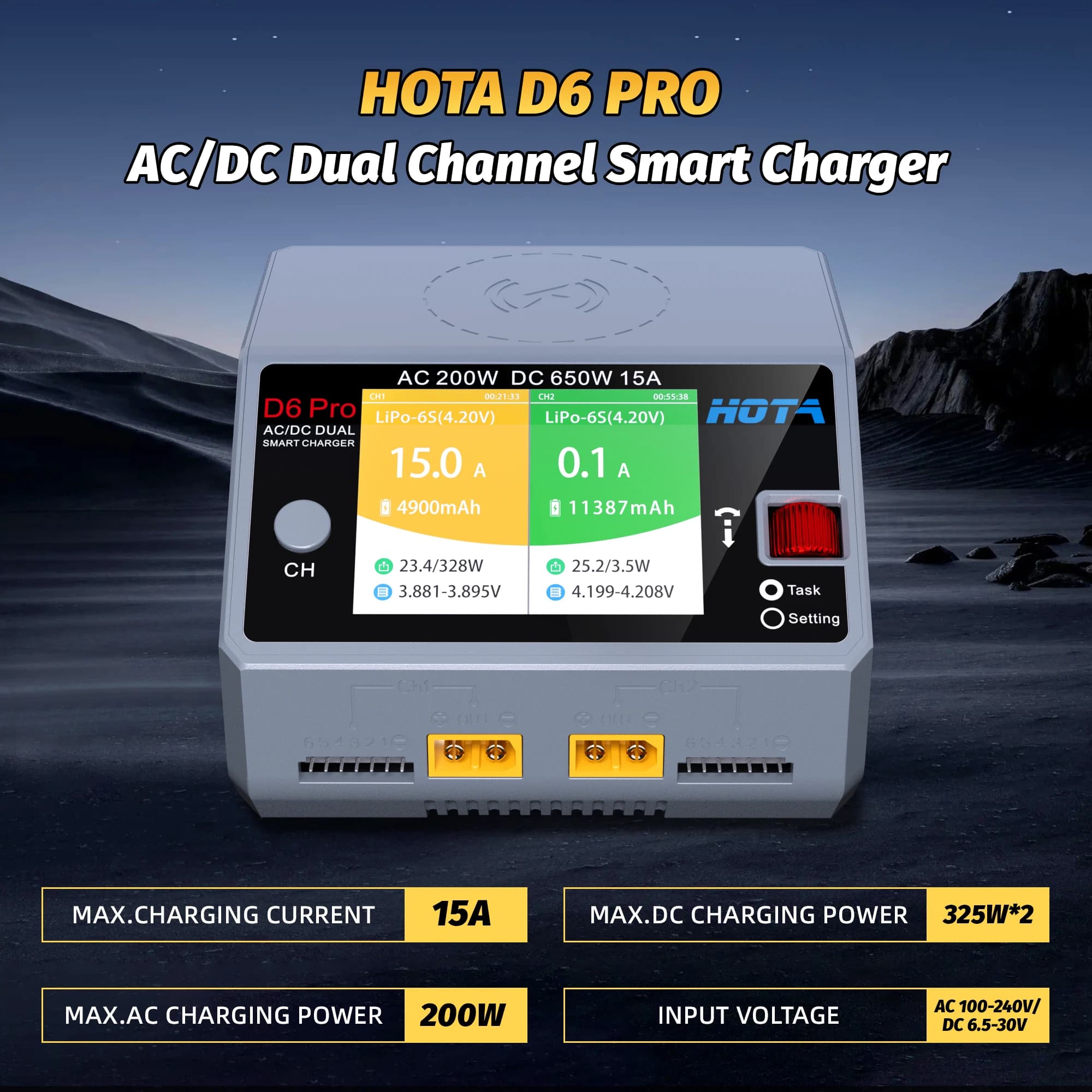 HOTA D6 Pro Caricatore intelligente a doppio canale AC200W DC650W 15A Caricatore wireless mobile integrato per batteria Lipo LiIon NiMH ABS