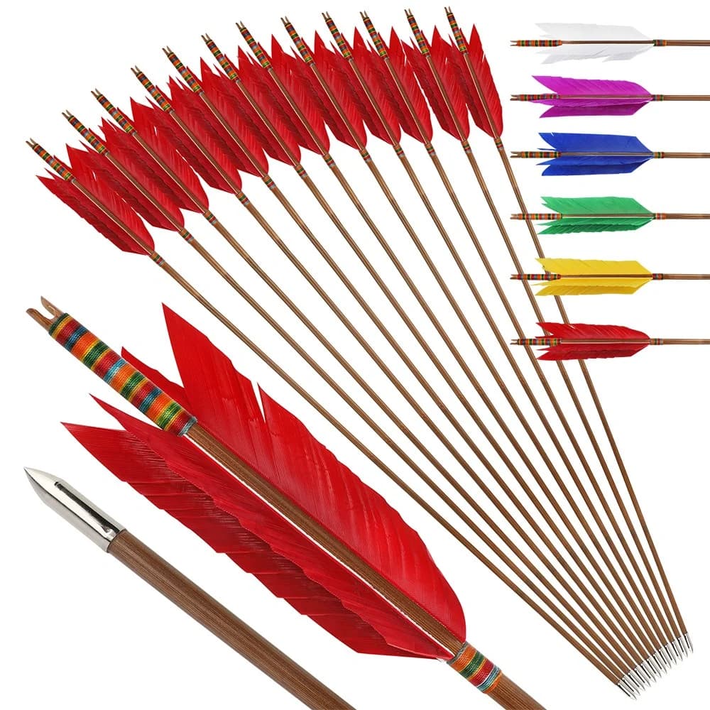 Frecce in bambù 6/12 pezzi, 33,4 pollici (8 mm OD) con piume di tacchino da 4 pollici e nock scanalato, 6 colori, per tiro con l'arco tradizionale, longbow, compound, ricurvo, caccia, tiro al bersaglio e accessori per la pratica.