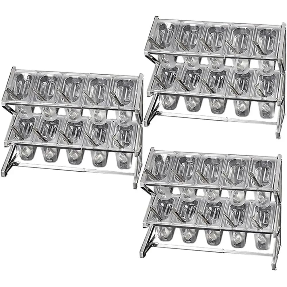 Organizzatore per spezie in acciaio inossidabile con 10 scomparti, in acrilico, con coperchio e cucchiaio, argento, set da 3 pezzi
