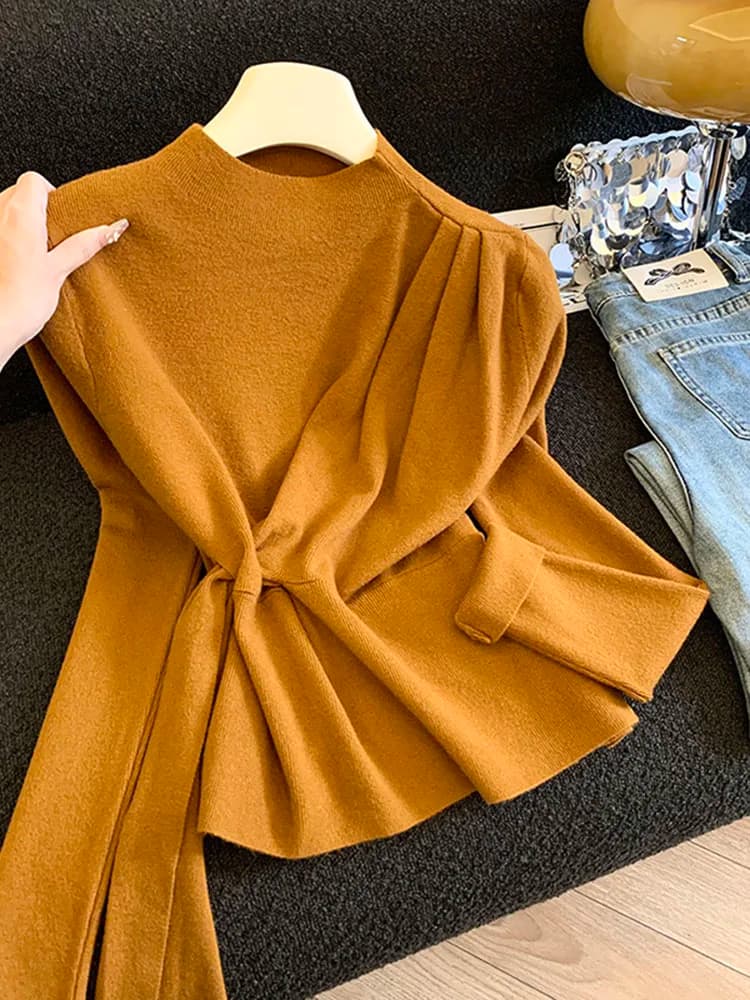 Maglione da donna in maglia con cintura, stile americano, nuovo arrivo autunno inverno, con texture pieghettata, maglione base da donna