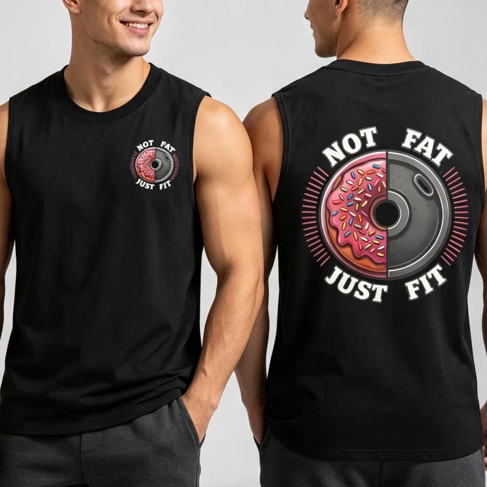 Not Fat Just Fit-Funny Fitness Men Tank Top Sleeveless Cotton Tank Gym Donut Weight Plate Half Split Double Side Printing Tees