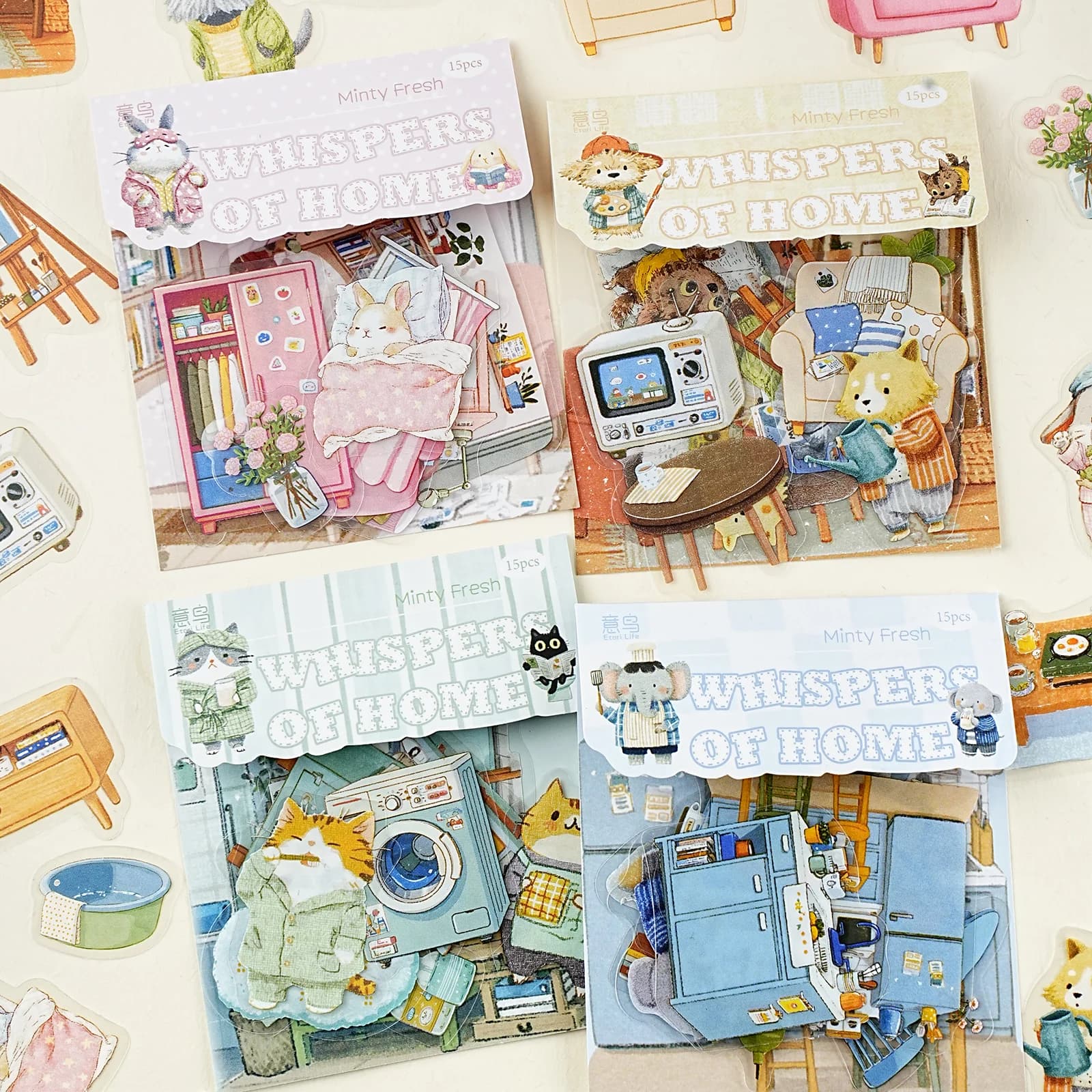 Etori Life Residence Whispers Set: Soft and Cute Little Animals, Warm Home Life Scenes, Collage Journaling Material Stickers for Laptops, Phone Stickers, Luggage, Photo Albums, Room Decoration, Office Decoration Accessories, Handmade Scrapbooking Supplies, DIY Crafts, Student Gift Bags, Card Making, Baking Seals, Children's Stickers, Birthday Gifts, Stickers That Are Not Easily Damaged by Water