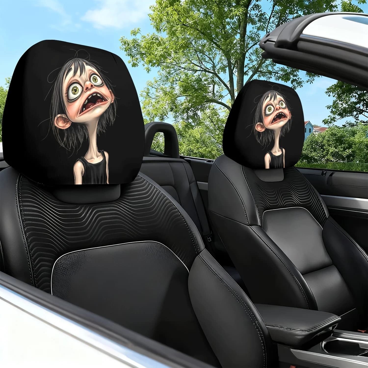 2 copri poggiatesta per auto, adatti a tutte le auto, protezioni antiscivolo e antimacchia con stampa a tema Ragazza Spaventata, Ea