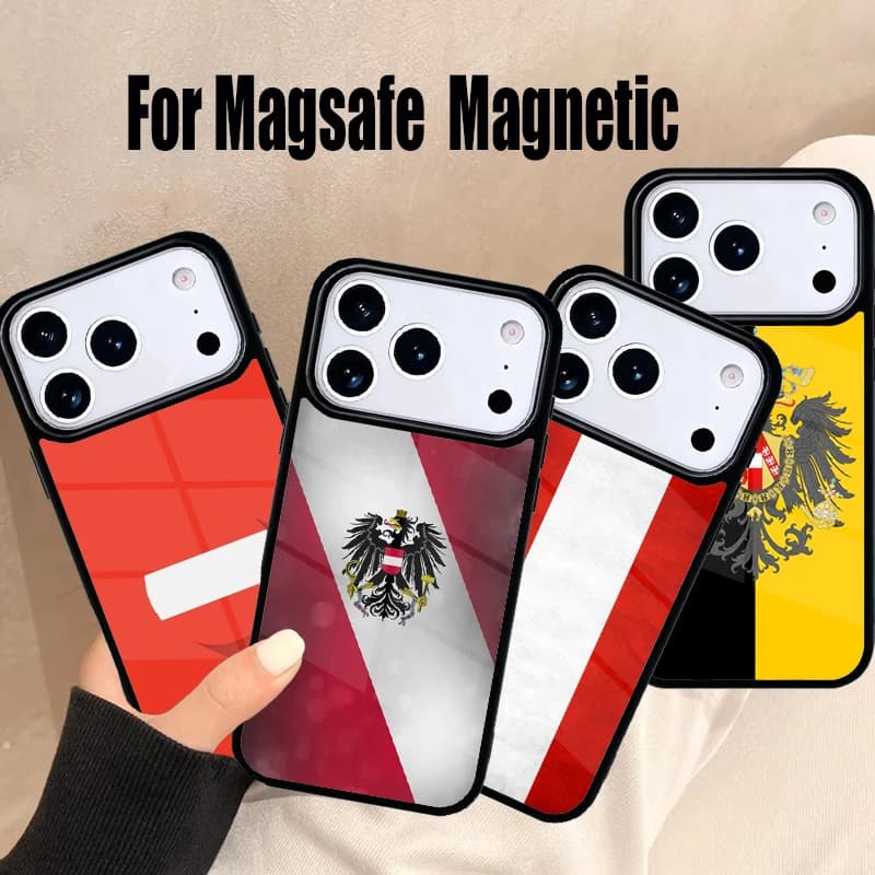 Cover per iPhone con Bandiera Austriaca per iPhone 17 Air 16e 15 14 13 12 11 Pro Max Plus, Cover Magnetica Wireless Magsafe
