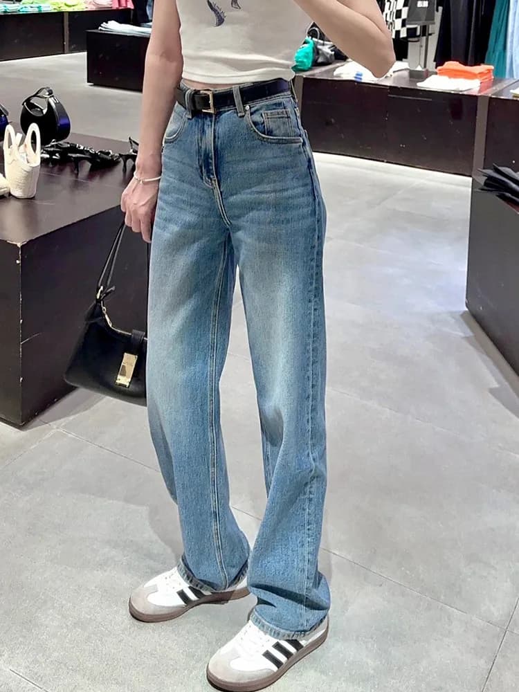 High Waist Straight Leg Light Blue Jeans Women's Spring Autumn Long Loose Slimming Wide Leg Floor-Length Pants