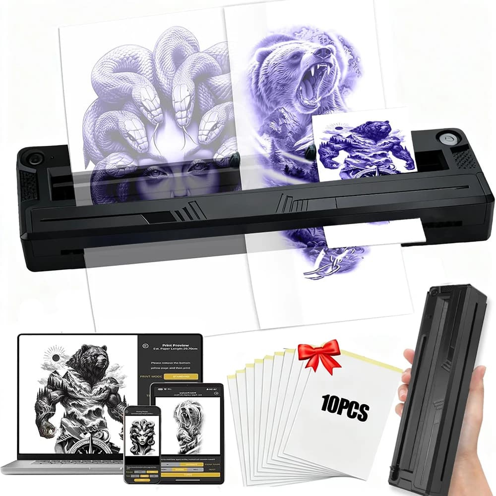Wireless Tattoo Printer Thermal Transfer Machine with Bluetooth Tattoo Stencil with 10 transferable card compatible with smartphone and PC