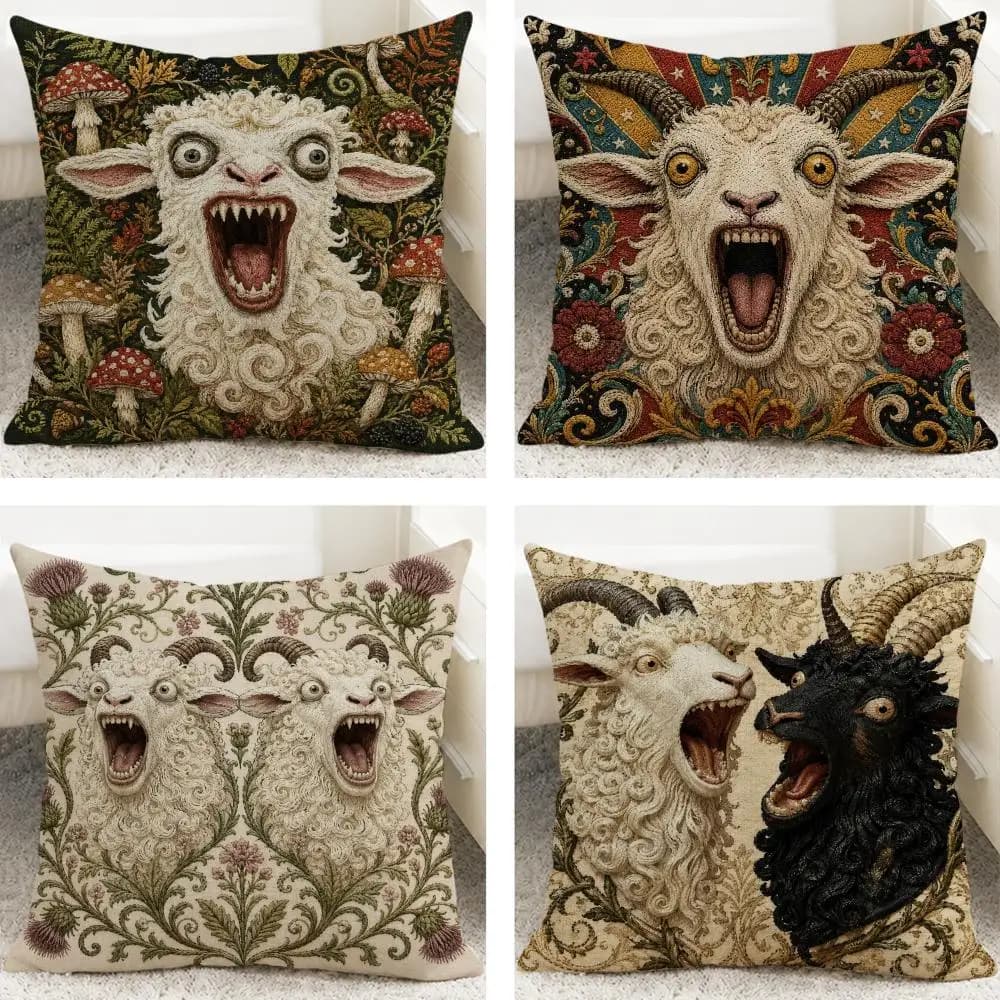 Screaming Goat Sheep Embroidered Style Cushion Cover Cushion Covers Natural Linen Breathable Sofa Bedroom Decor Pillowcase