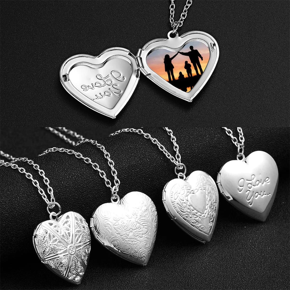 Collana con ciondolo con cornice per foto a forma di cuore d'amore color argento per le donne Ti amo con motivo floreale Collana con medaglione apribile a forma di cuore