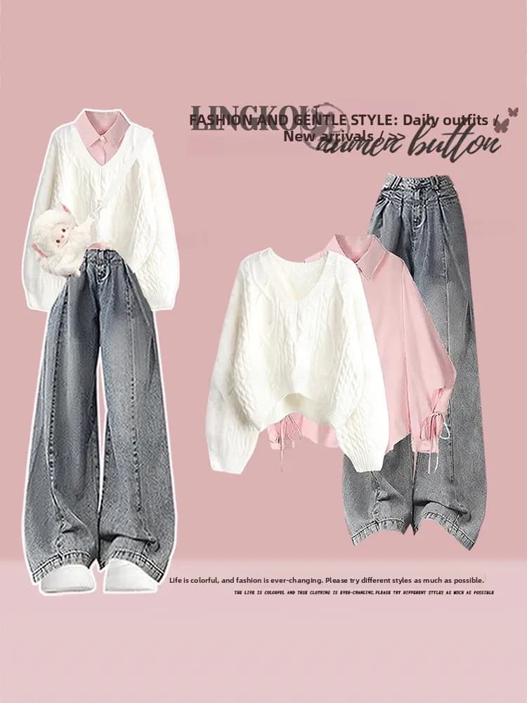 Large Size Autumn Winter College Style Women's Knitted Sweater Base Shirt Denim Jeans Three Piece Set Retro High Waist Long P...