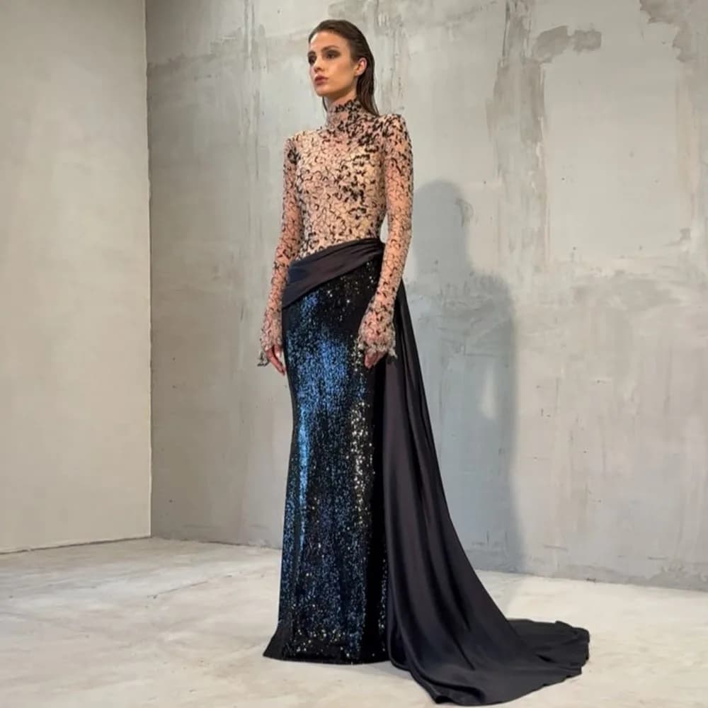 Abito da sera a sirena con paillettes scintillanti Collo alto Manica lunga Top in pizzo Nero Blu Glitter Abito da ballo Design sexy senza schienale Ever Pre