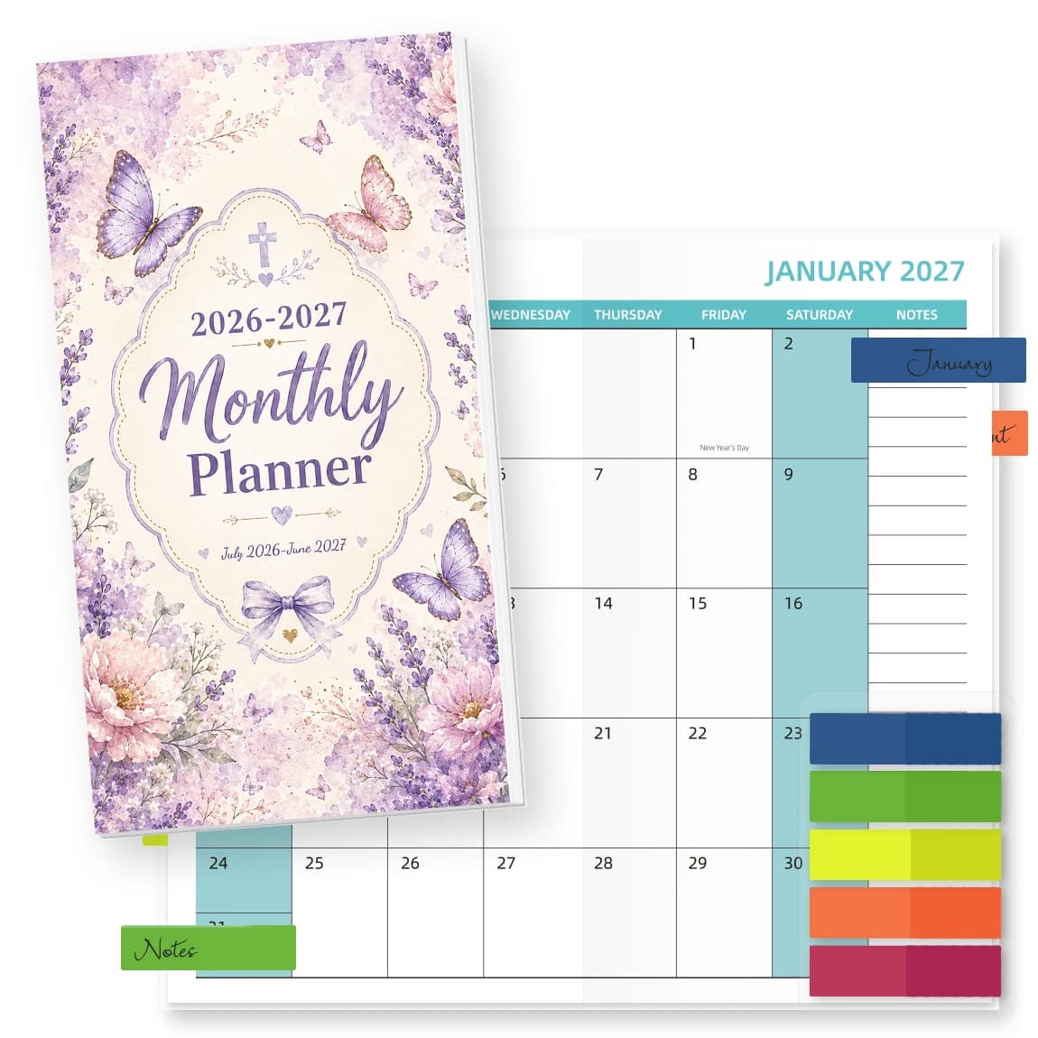 1PC A6 Monthly Planner Notebook with Sticker Sheets or Colorful Index Tabs, Purple Floral Butterfly, for School & Office