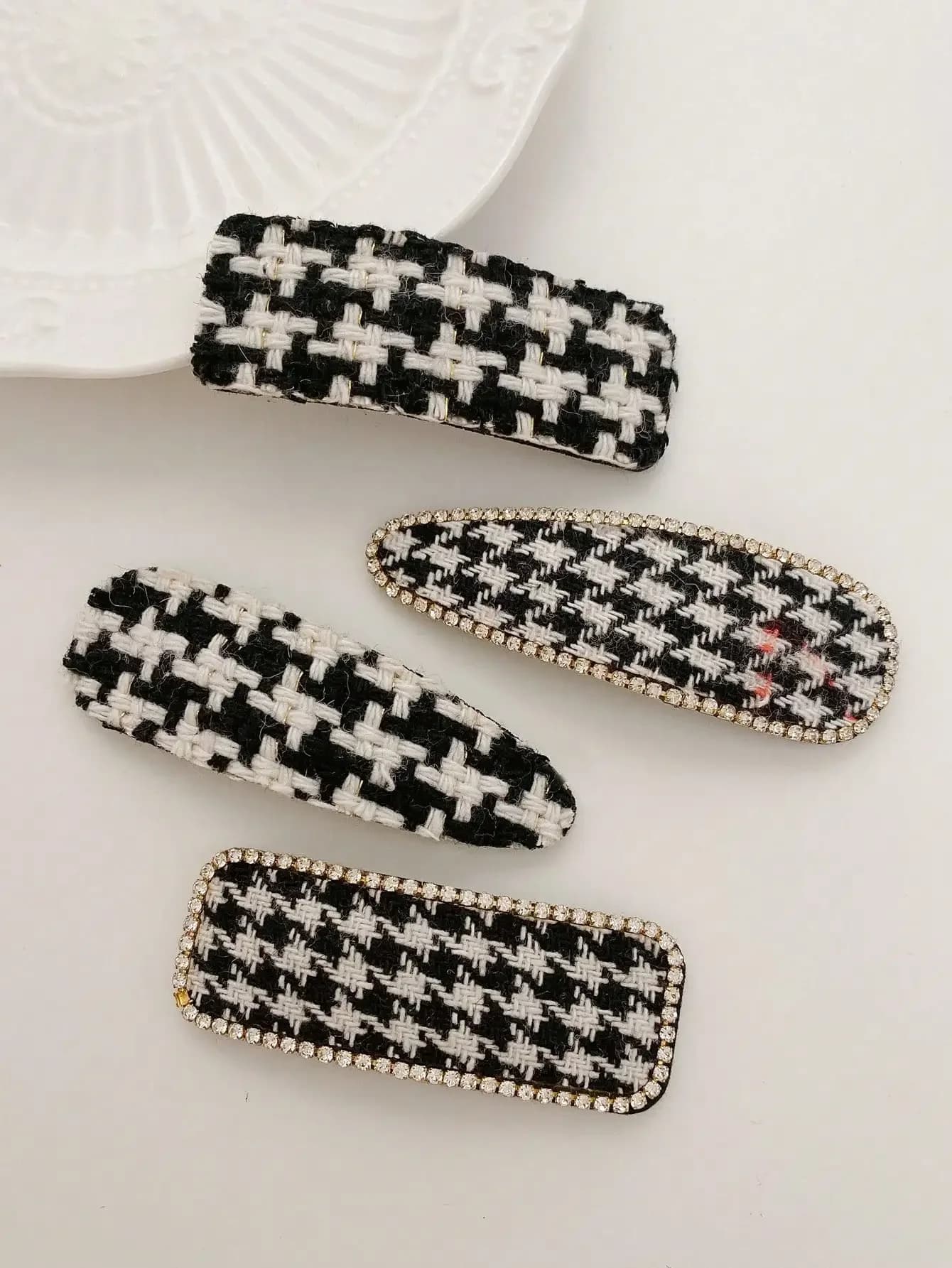 Set di 4 fermagli per capelli da donna in tessuto pied-de-poule con strass per l'uso quotidiano
