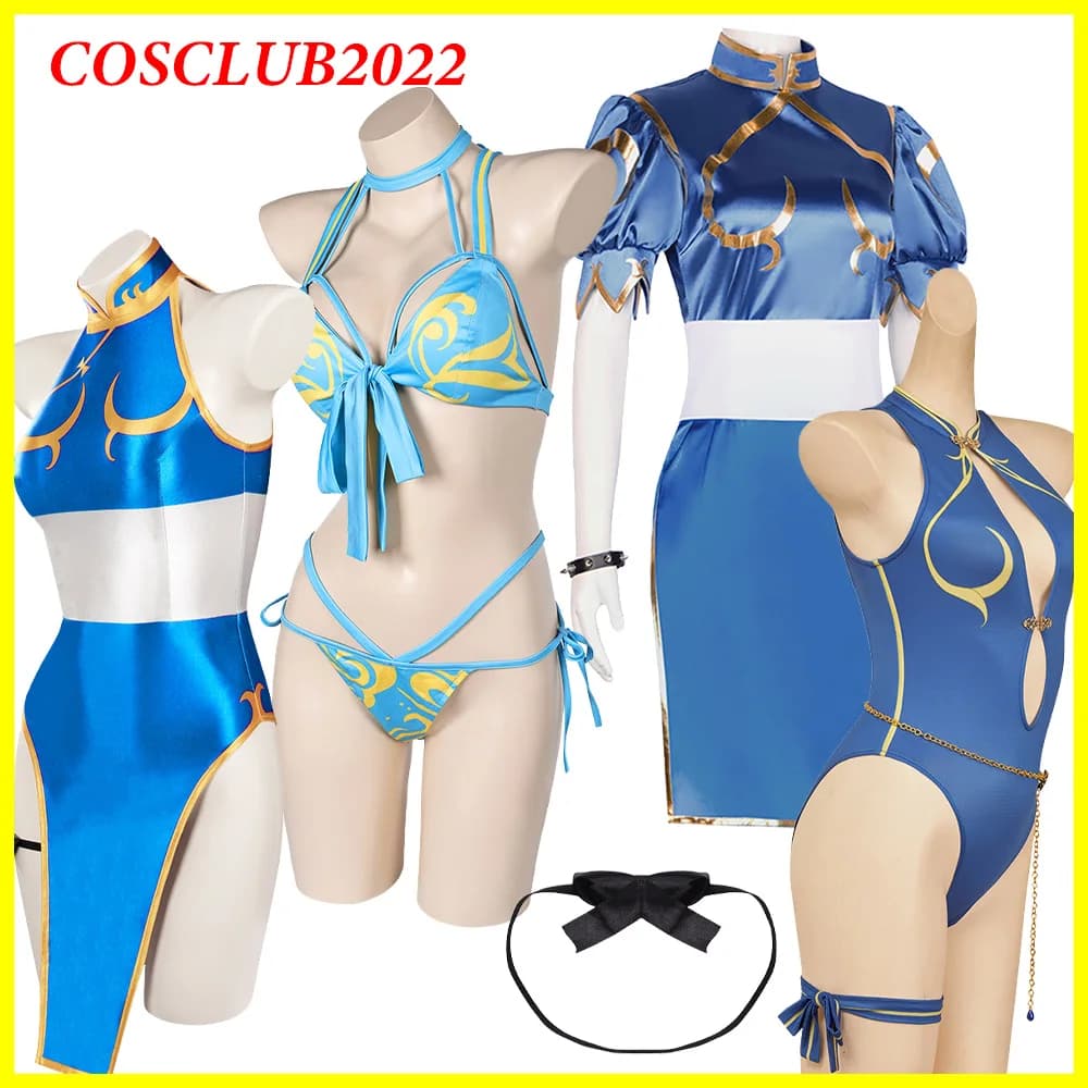 Chun Li Blue Printed Sexy Bikini costume da bagno parrucca donna adulto Cosplay Fantasia abiti Halloween Carnival Party Roleplay Suit