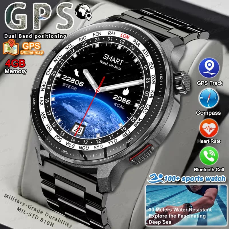 2026 NEW Military Men Accuracy GPS Smart Watch Waterproof Call 4GB Memory Music Video Player TWS headphone GPS map Smartwatch