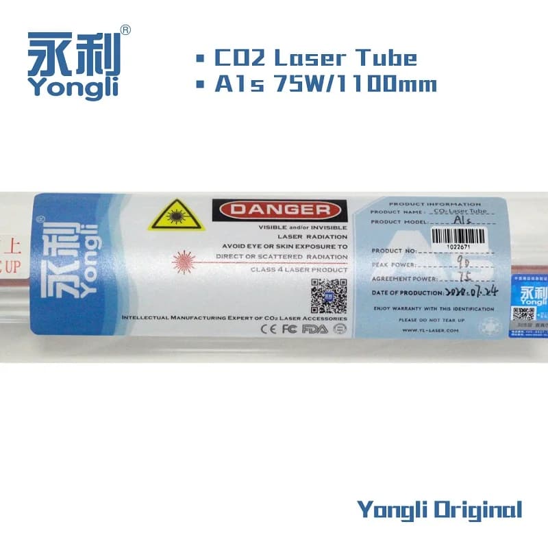 Tubo Laser CO2 Yongli 75W, Potenza Massima 75W, Lunghezza 1100mm, Diametro Scatola in Legno da 80mm per Imballaggio di Macchine per Incisione e Taglio Laser CO2