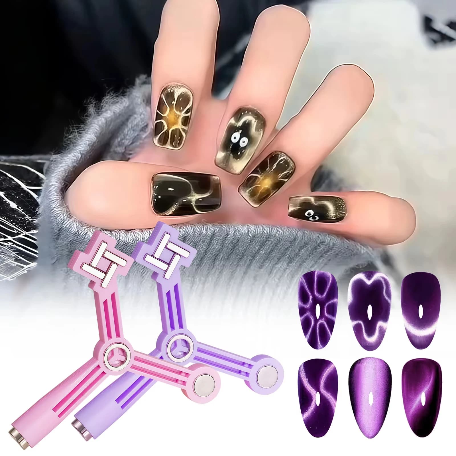 Strumento Magnetico 4-in-1 per Effetto Occhio di Gatto, Penna Magnetica per Disegni French, Star e Flower, per Nail Art e Fai-da-Te