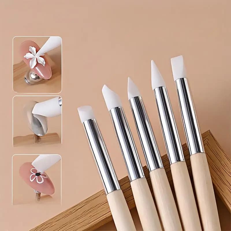 Penna per nail art con impugnatura in legno e punta in silicone, strumento multifunzionale per nail art, per applicazione di adesivi e paillettes.